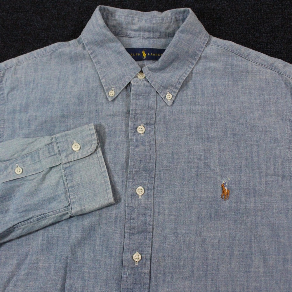 Ralph Lauren Shirt Men's Large Denim Chambray Button Down 100% Cotton Flesh Pony